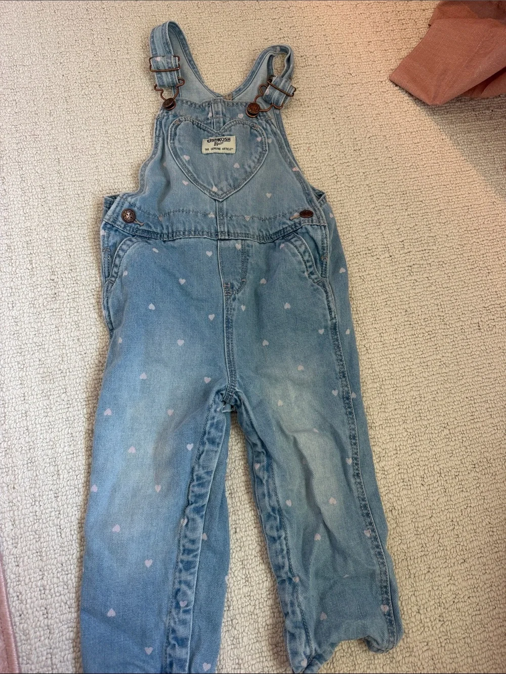 Oshkosh Light Blue Denim Overalls with Small Pink Hearts - Kids